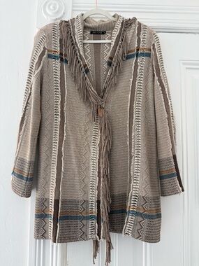 NIC+ZOE Taupe Fringe Open-Front Cardigan with Blue & Brown Stripes and Fringe